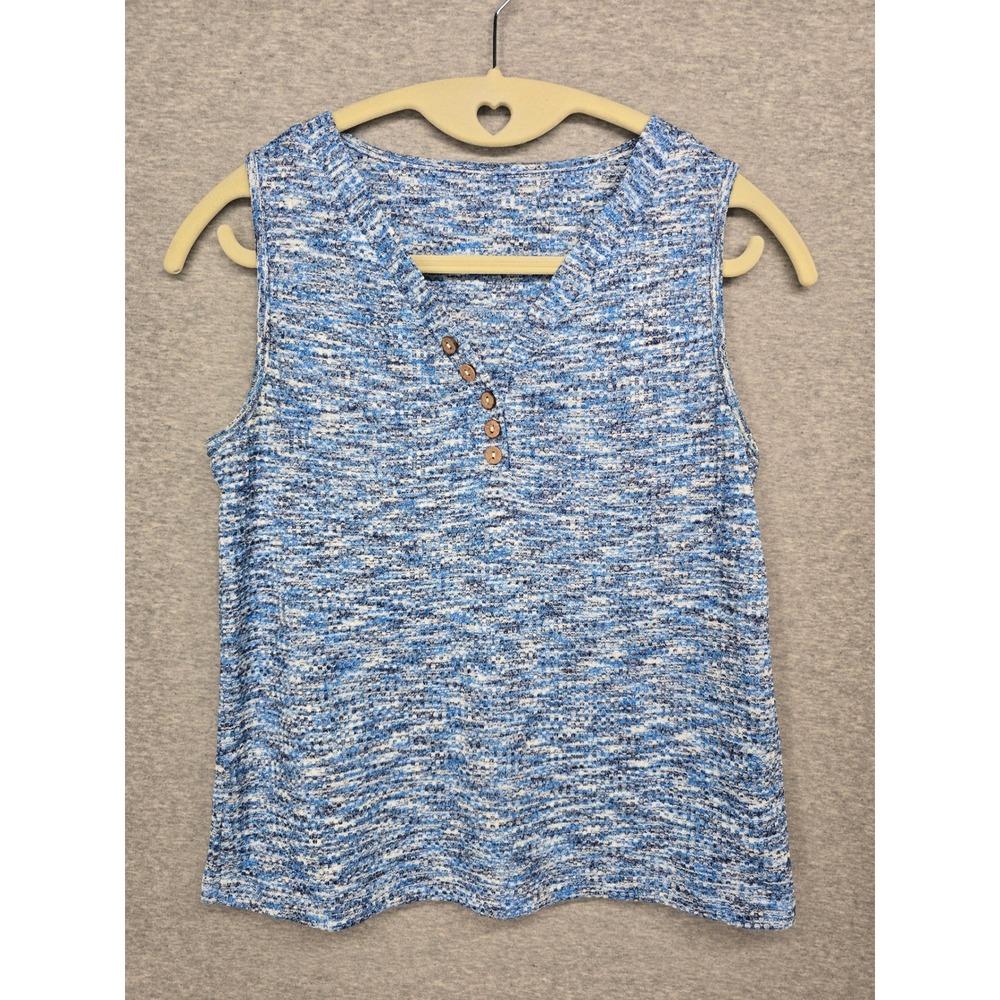 Womens Blue White Waffle Knit Sleeveless Henley Tank Top with Wood Buttons